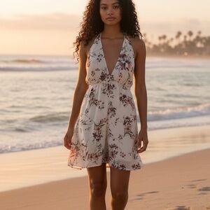 Misty Rose Floral Halter Summer Dress - Cream with Mauve Flowers